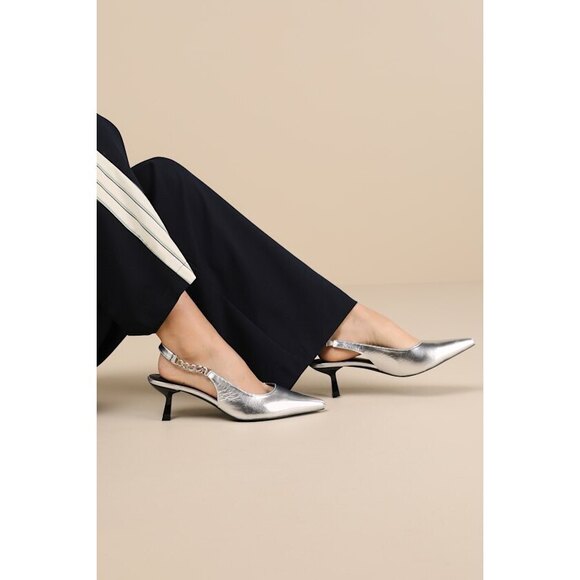 Lulus Jonnah Silver Chain Slingback Strap Pointed-toe Pumps - Size 9 - Picture 1 of 1